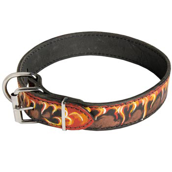 Buckle Leather Dog Collar with Fire Flames for Swiss Mountain Dog
