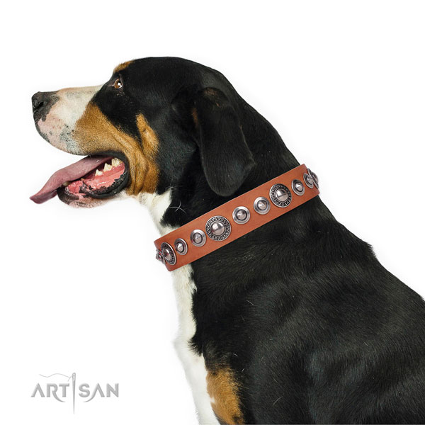 Unique embellished genuine leather dog collar for handy use