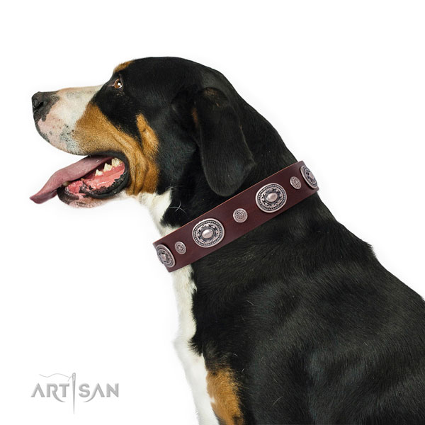Reliable buckle and D-ring on full grain leather dog collar for daily use