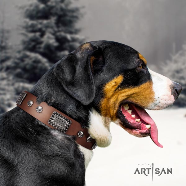 Swiss Mountain comfortable wearing full grain natural leather collar with decorations for your four-legged friend