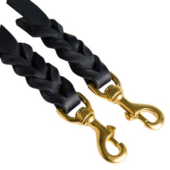 Braided Leather Swiss Mountain Dog Coupler with Brass Snap Hooks