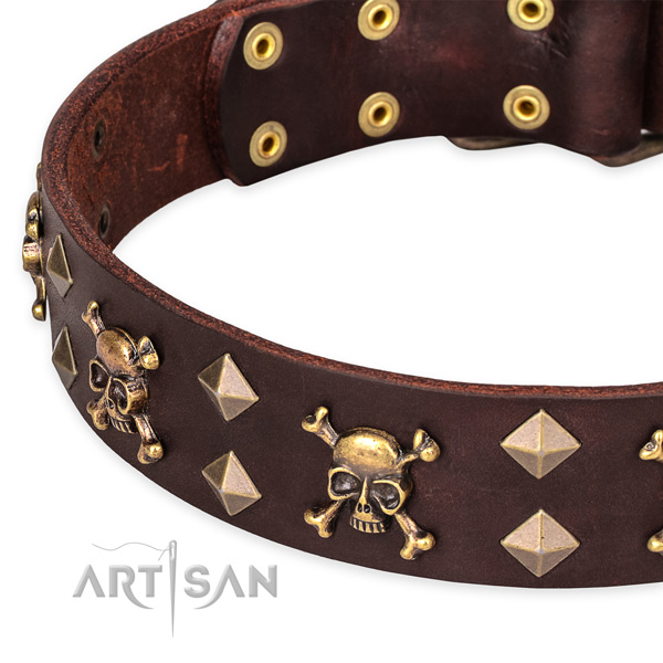 Comfortable wearing adorned dog collar of finest quality genuine leather