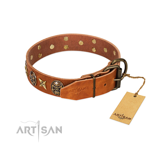 Full grain natural leather dog collar with strong traditional buckle and adornments
