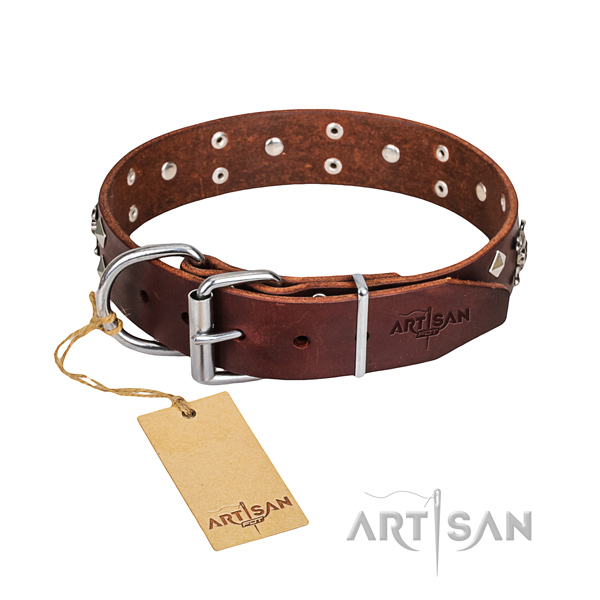 Comfortable wearing dog collar of high quality full grain genuine leather with embellishments