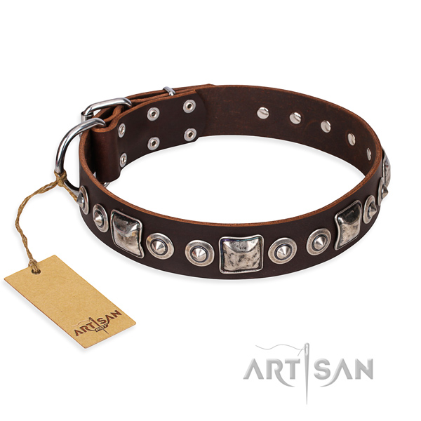 Full grain genuine leather dog collar made of soft material with rust resistant fittings