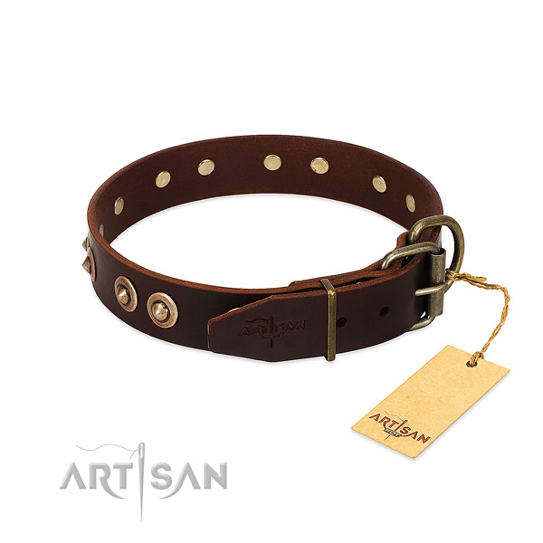 Strong traditional buckle on full grain natural leather dog collar for your doggie