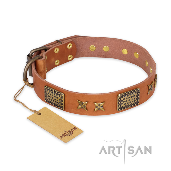 Exquisite natural genuine leather dog collar with rust resistant traditional buckle