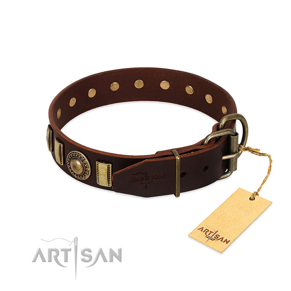 Studded genuine leather dog collar with corrosion proof traditional buckle
