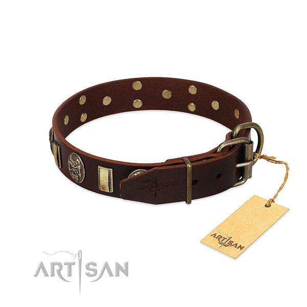 Leather dog collar with strong D-ring and embellishments