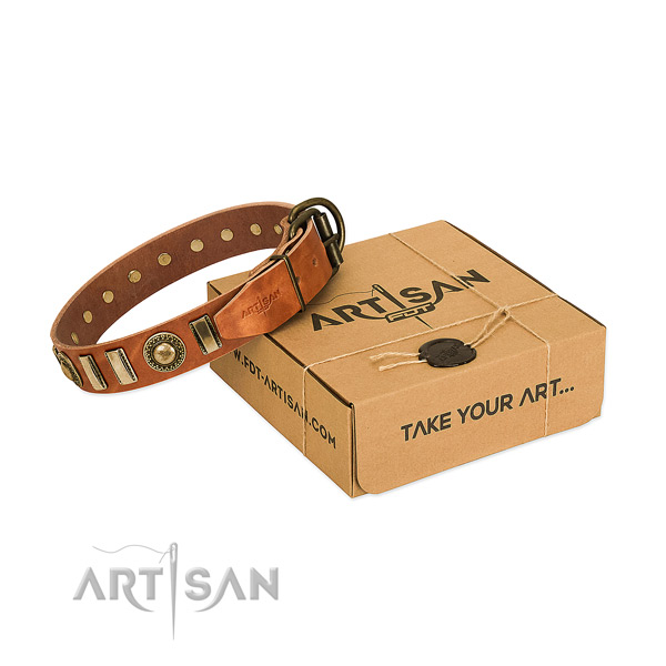 Strong natural leather dog collar with rust-proof buckle
