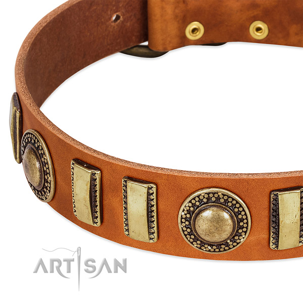 Flexible genuine leather dog collar with corrosion resistant traditional buckle