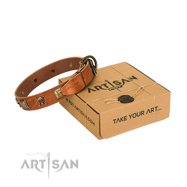 Awesome natural leather dog collar with corrosion proof decorations