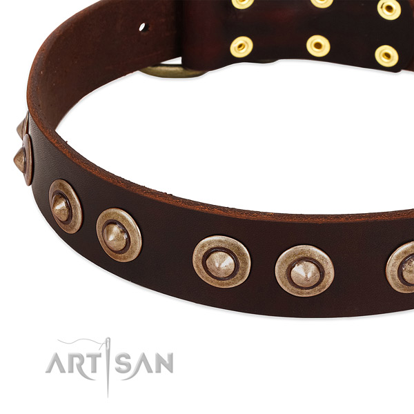 Rust resistant D-ring on full grain natural leather dog collar for your canine