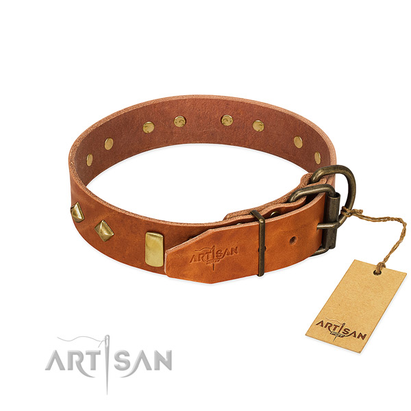 Comfortable wearing genuine leather dog collar with designer decorations