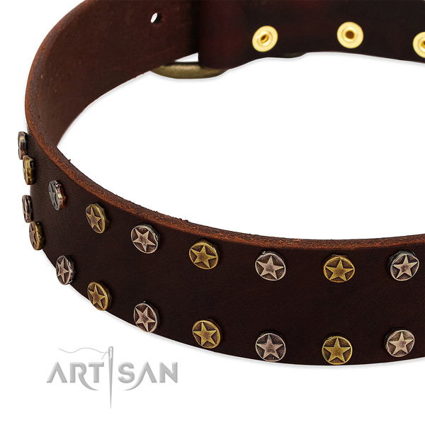 Handy use genuine leather dog collar with amazing adornments