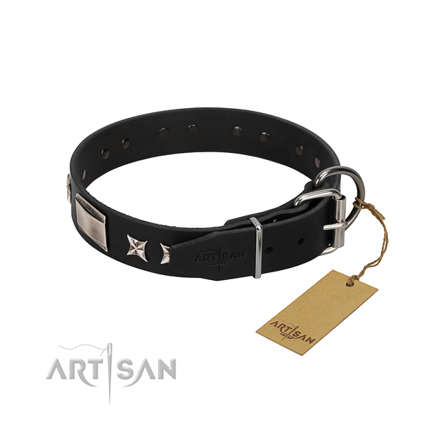 Reliable full grain natural leather dog collar with rust resistant hardware
