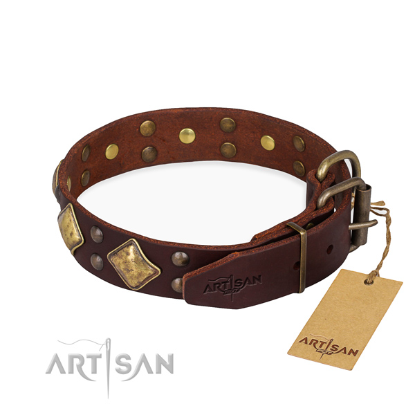 Genuine leather dog collar with unique rust-proof decorations