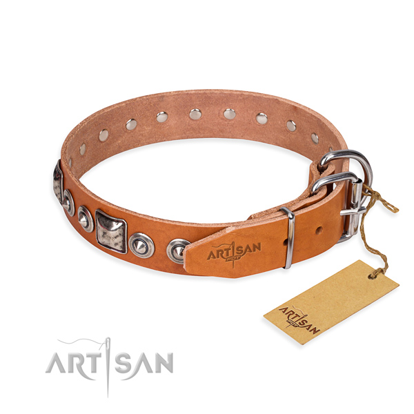 Natural genuine leather dog collar made of quality material with corrosion resistant embellishments