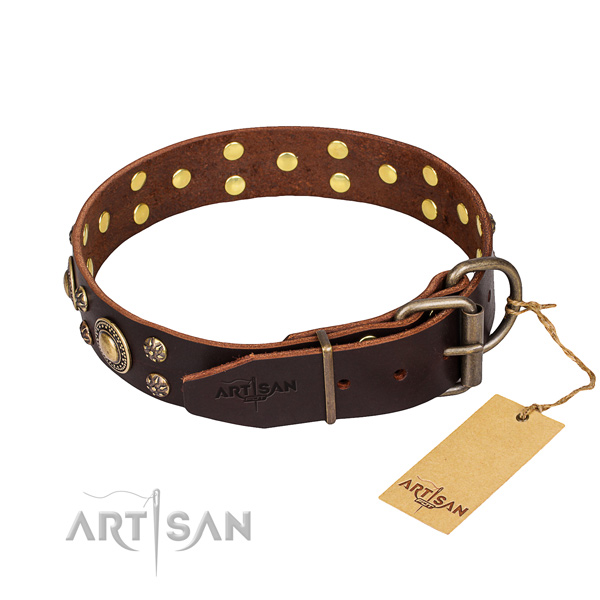 Walking decorated dog collar of strong full grain genuine leather