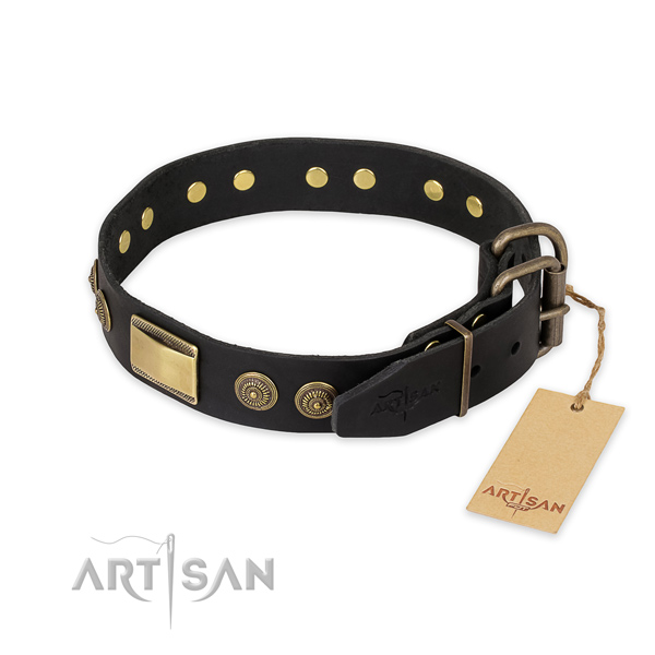 Strong hardware on natural genuine leather collar for walking your four-legged friend