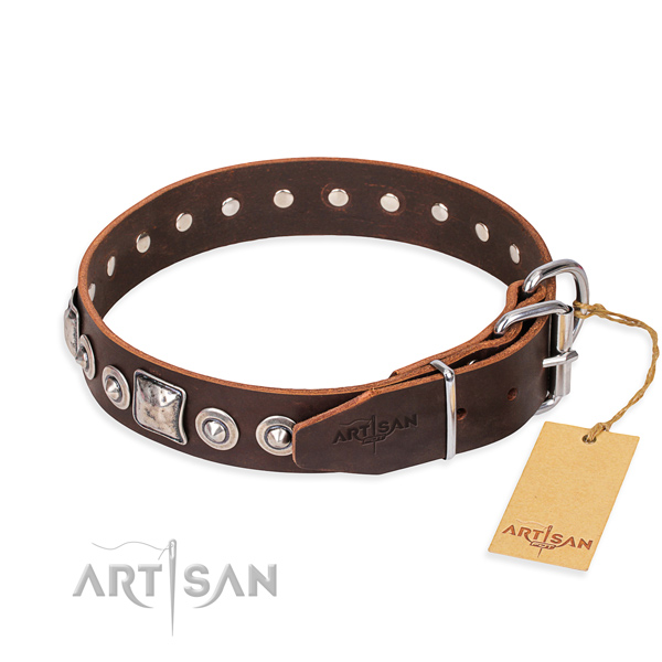 Natural genuine leather dog collar made of gentle to touch material with corrosion proof studs
