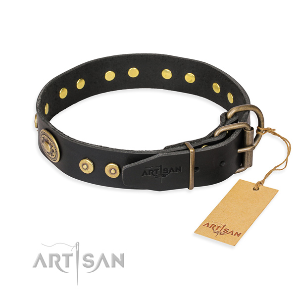 Natural genuine leather dog collar made of quality material with rust-proof embellishments