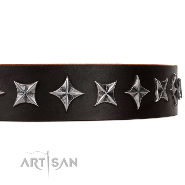 Everyday use embellished dog collar of top notch full grain genuine leather