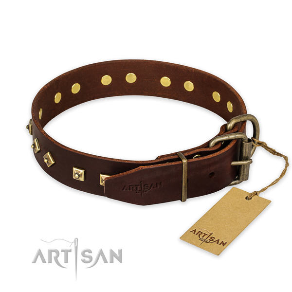 Strong buckle on genuine leather collar for daily walking your dog