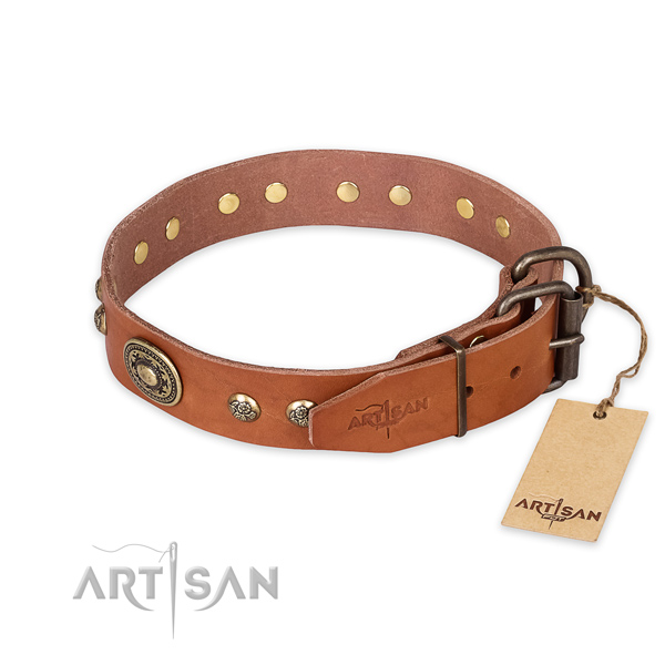 Reliable buckle on full grain genuine leather collar for daily walking your doggie