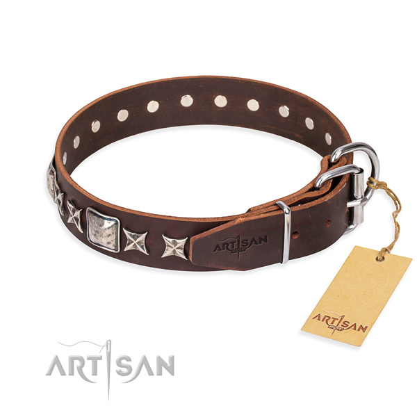 Reliable adorned dog collar of natural leather