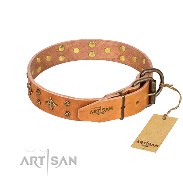 Handy use adorned dog collar of top quality genuine leather