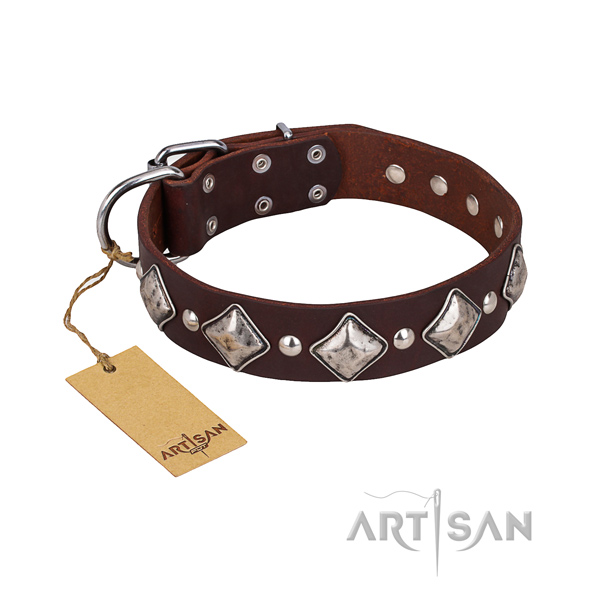 Easy wearing dog collar of reliable genuine leather with embellishments