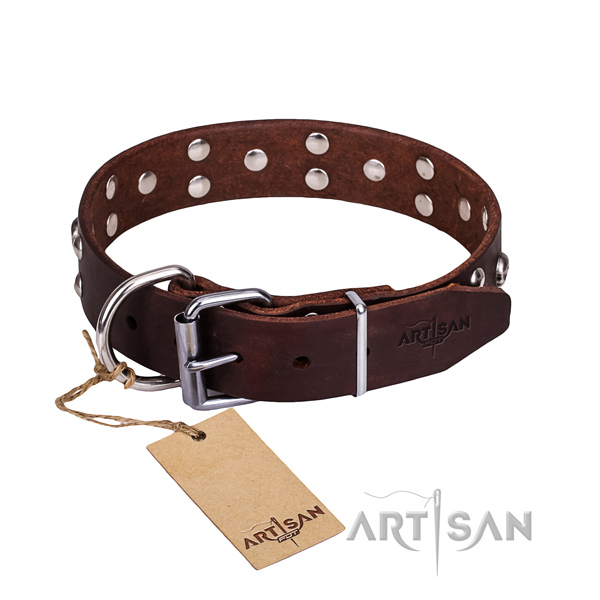 Easy wearing dog collar of durable full grain leather with adornments