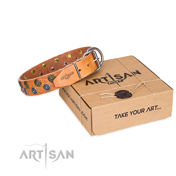 Easy wearing dog collar of strong natural leather with decorations