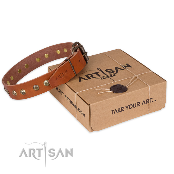 Rust resistant D-ring on natural genuine leather collar for your attractive canine