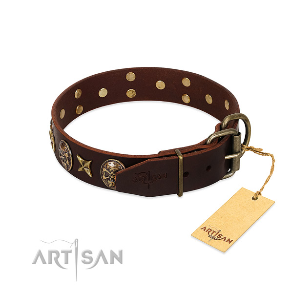 Genuine leather dog collar with corrosion proof buckle and embellishments