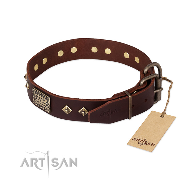 Full grain genuine leather dog collar with rust-proof D-ring and embellishments