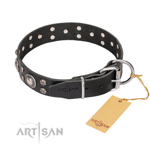 Easy wearing adorned dog collar of top notch full grain genuine leather