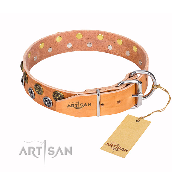 Easy wearing embellished dog collar of high quality full grain natural leather