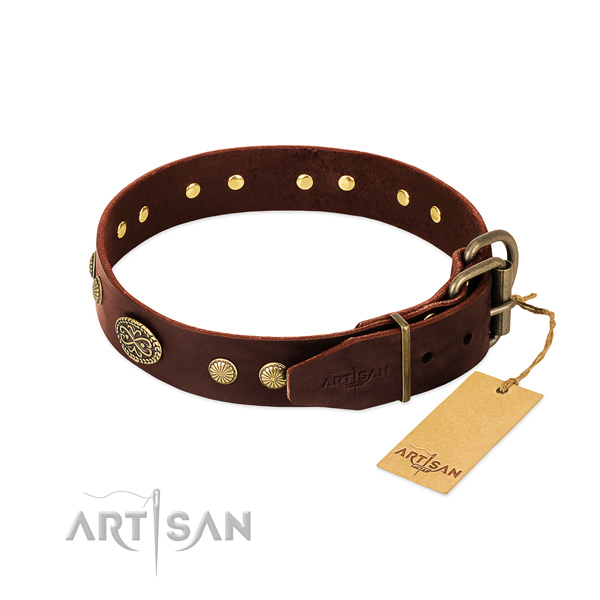Reliable D-ring on leather dog collar for your doggie