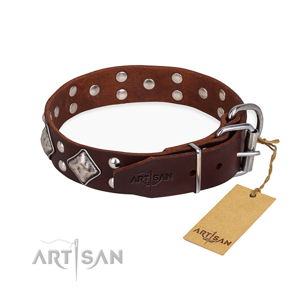 Full grain natural leather dog collar with designer strong embellishments