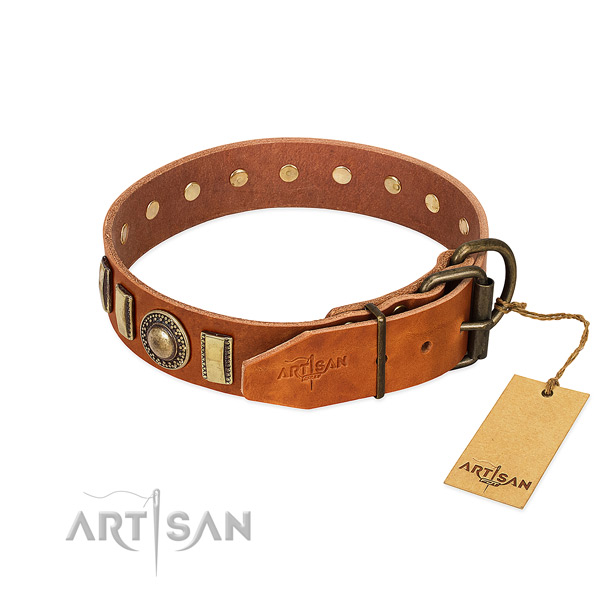 Top notch genuine leather dog collar with corrosion resistant D-ring