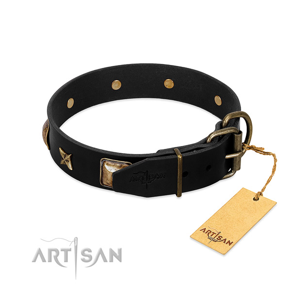 Rust resistant D-ring on full grain leather collar for daily walking your canine