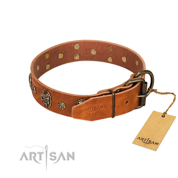 Reliable adornments on natural genuine leather dog collar for your four-legged friend