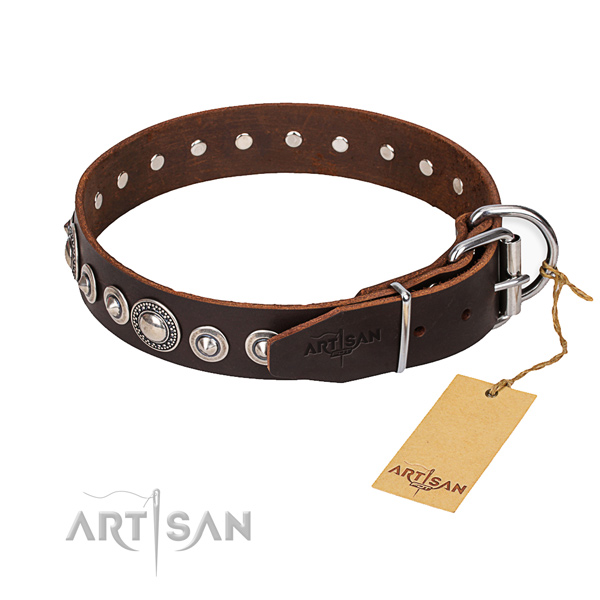 Full grain leather dog collar made of gentle to touch material with strong D-ring