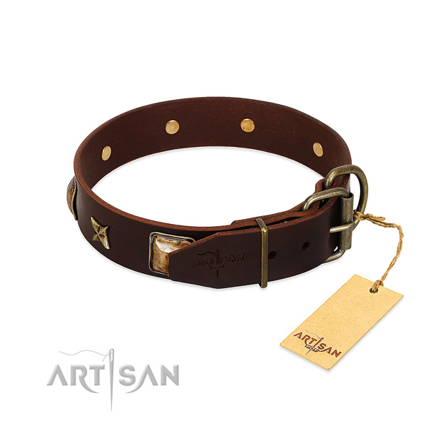 Leather dog collar with strong traditional buckle and decorations