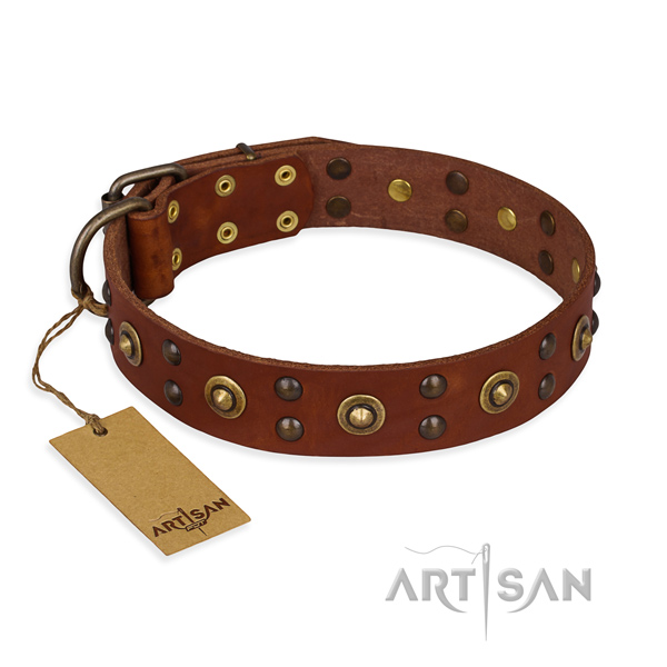 Adjustable genuine leather dog collar with corrosion proof hardware